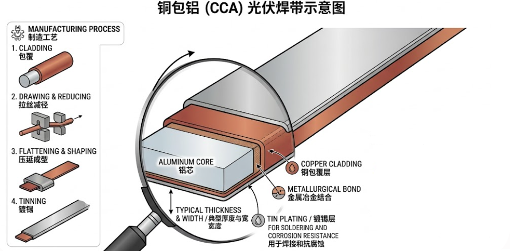 图1　铜包铝（CCA）光伏焊带结构与制造工艺示意