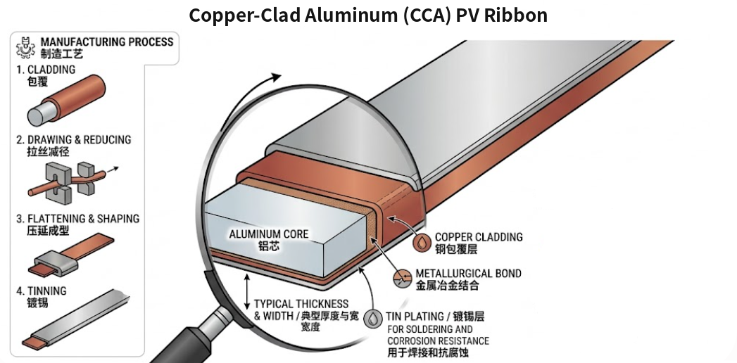 Figure 1 Structure and manufacturing process of CCA PV ribbon