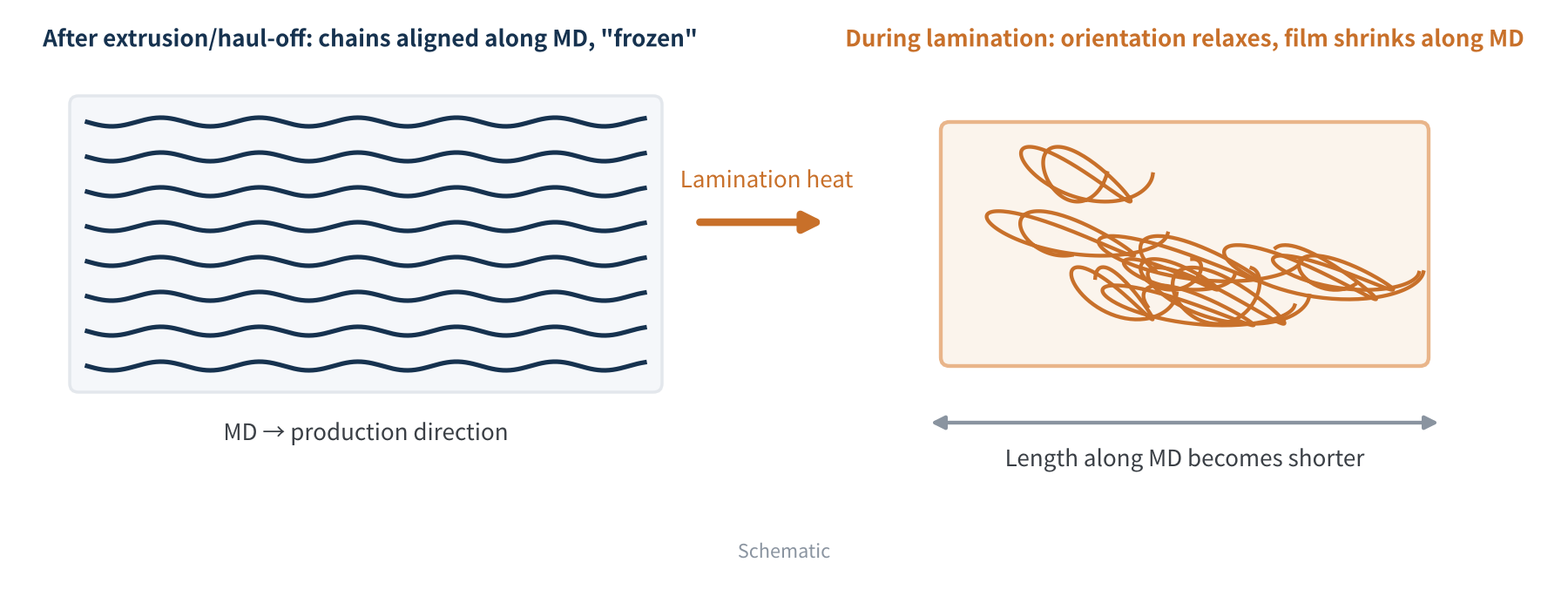 Figure 2　Why encapsulant shrinks: orientation "frozen" in, released on heating (schematic)