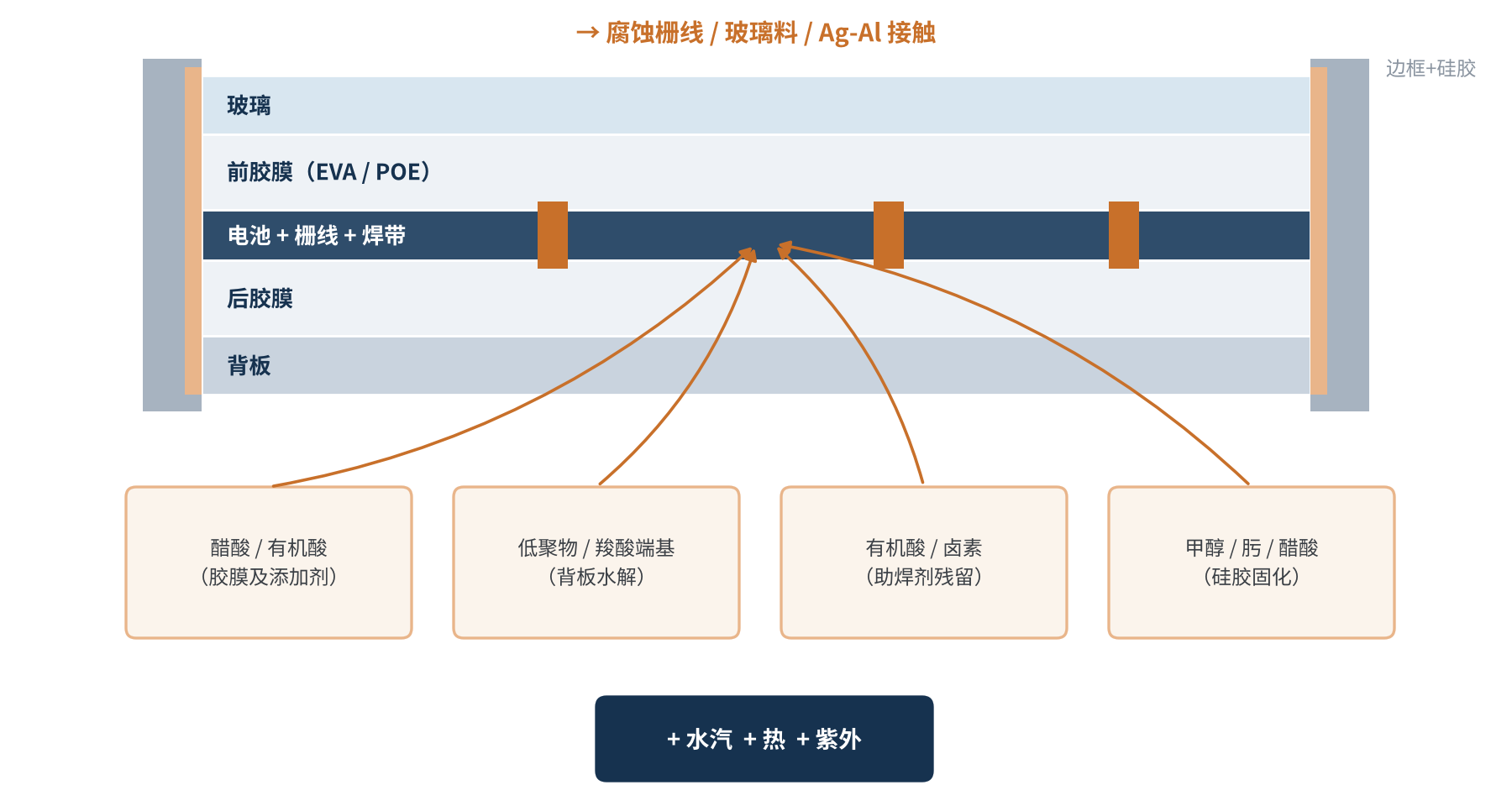 图2 组件内部“化学反应釜”示意:各辅材释放物在半封闭微环境中交汇