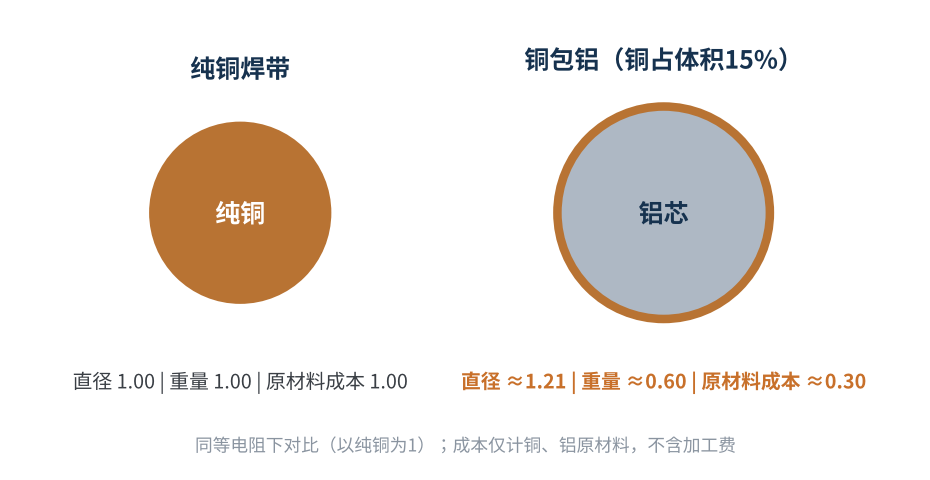 图4　铜包铝与纯铜焊带在同等电阻下的对比